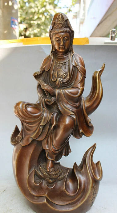 

USPS to USA S1589 19" Chinese Bronze Sitting Lotus Joss Kwan-yin GuanYin Goddess Hold RuYi Statue B0401