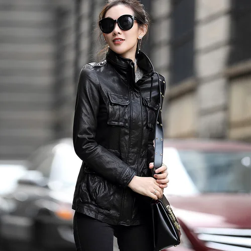 Брендовая куртка из натуральной кожи, женская кожаная куртка, овчина, модная облегающая женская мотоциклетная куртка, байкерская куртка, P3129 - Цвет: Черный