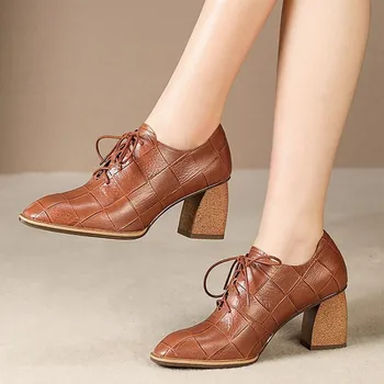 

MLJUESE 2020 women pumps cow leather autumn spring lace up pointed toe checkered high heels lady shoes party size 34-42