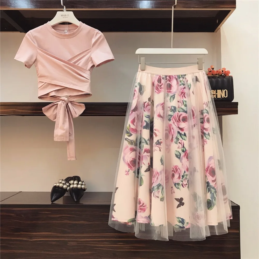 

Women Irregular T Shirt+Mesh Skirts Suits Bowknot Solid Tops Vintage Floral Pleated Skirt Sets for Elegant Woman