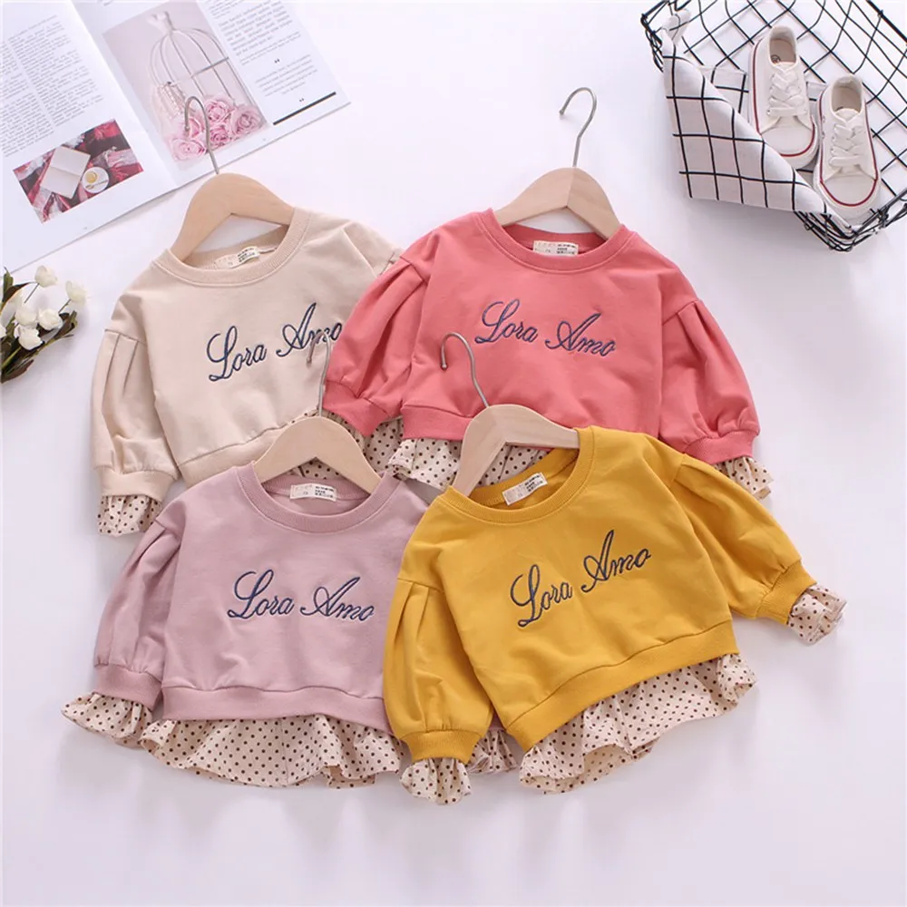 

2019 Autumn Children Girls Sweatshirt Baby Babi Kids Long Sleeve Embroidery Cotton Dot Polka Patchwork Sweatshirts Outwear S9226