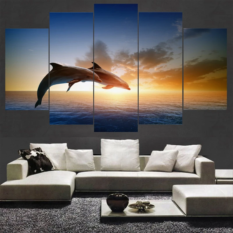 

HD Printed Modular Pictures Frame Canvas Home Wall Art Decor 5 Pieces Jumping Dolphins Animal Painting Sunset Seascape Poster