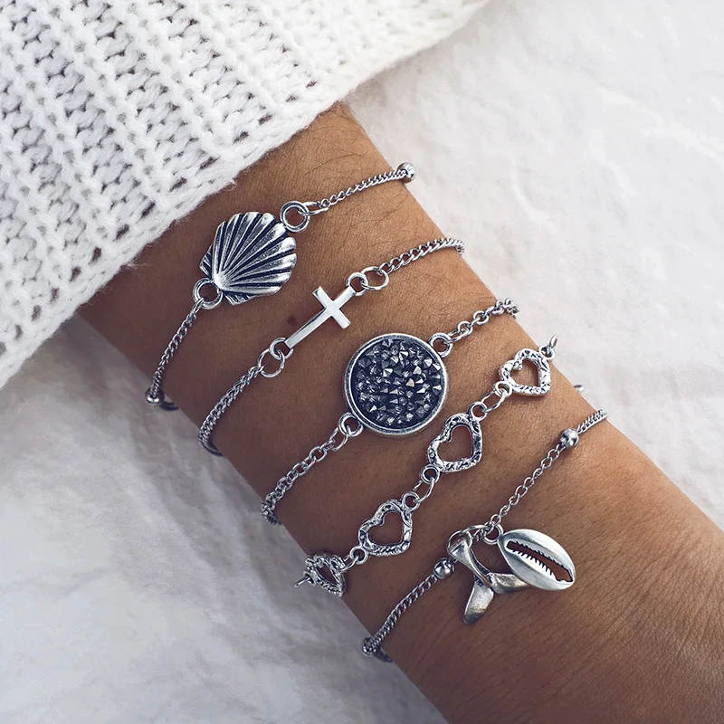 

5 Pcs/set Boho Crystal Heart Shell Cross Tail Charm Beads Bracelet Set for Women Pendant Strand Bracelets Wrist Bangles Jewelry