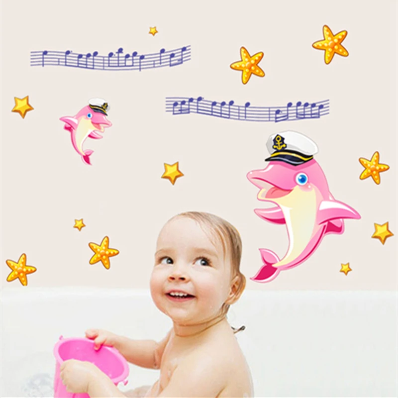 55*80 cm Pink Dolphin Wall Stickers Children Bathroom Decor Dolphin