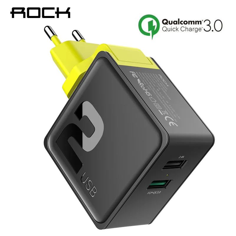 Koop ROCK Dual USB QC 3.0 Charger Voor iphone 7 8 ipad Samsung S8 Huawei FCP 30 W Universele EU US Plug Snelle Opladen Telefoon Muur Adapter