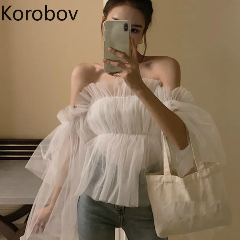 Korobov Blusas Mujer 2019 новые белые сетчатые рубашки с открытыми плечами блуза длинным