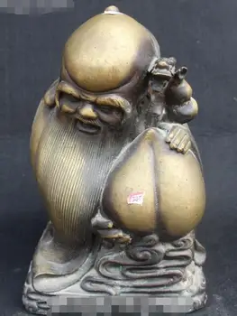 

9" Old Chinese Antique Pure Bronze God Of Longevity Immortal Hold Peach Statue