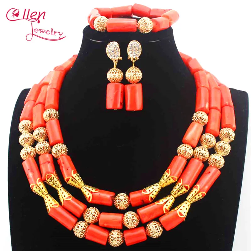 Luxury Nigerian Orange Coral Beads Necklace Set Wedding Beads Indian