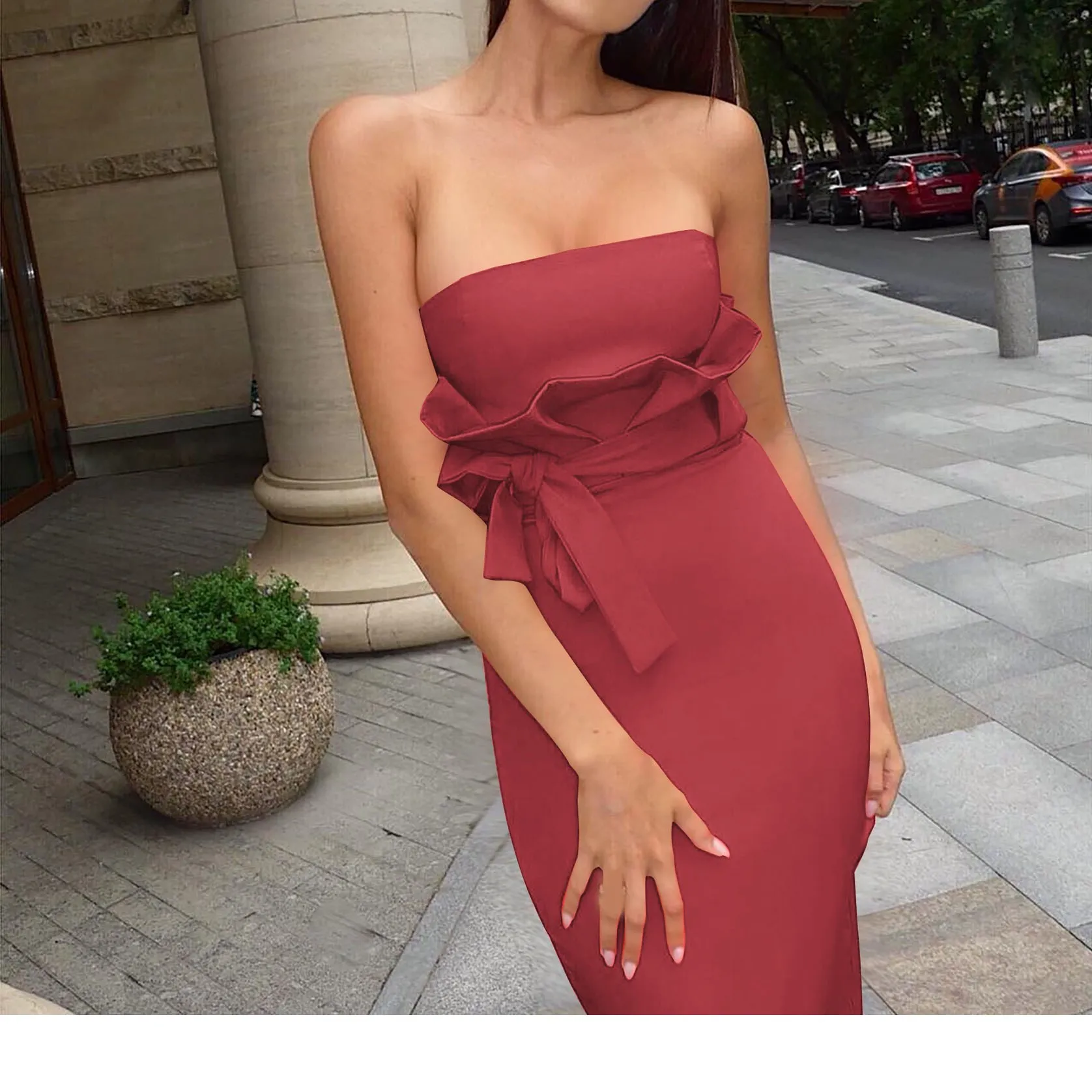 

2019 Summer Women Ruffled Dress Sexy Bow Slim Midi Pencil Dress Sleeveless Bodycon Party Dress
