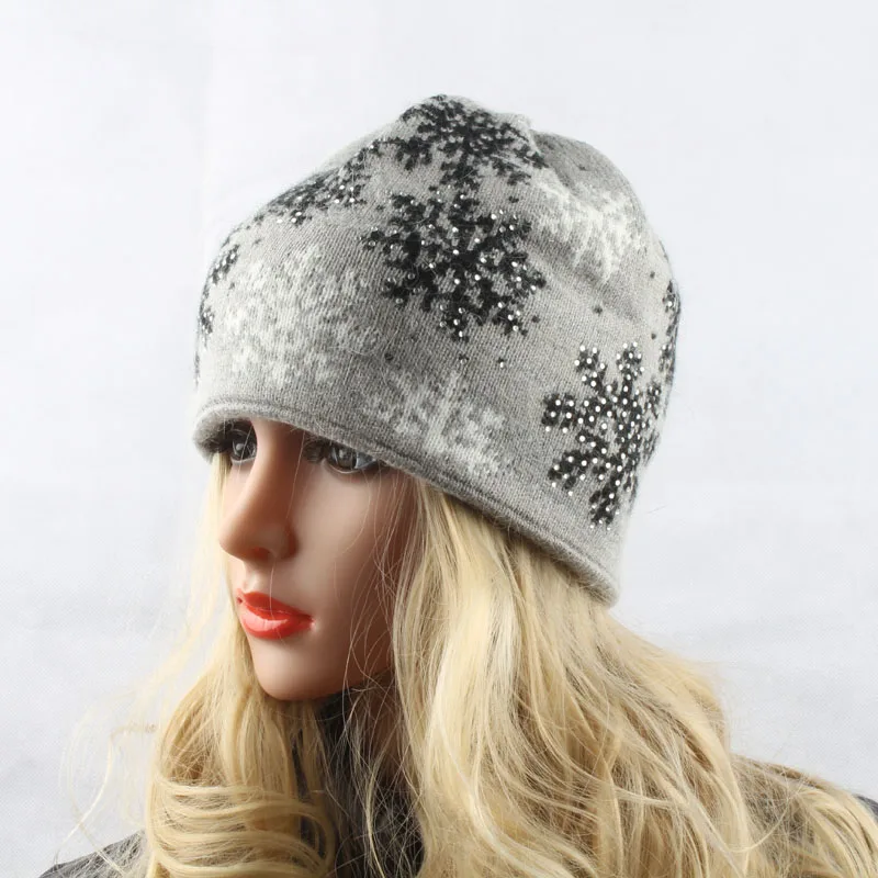 Women Knitted Wool Hats For Winter Snowflake Jacquard Ski Cap Female Rhinestone Skullies Beanies For Ladies Women Knitted Wool Hats For Winter Snowflake Jacquard Ski Cap Female Rhinestone Skullies Beanies For Ladies