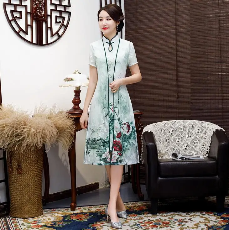 Бежевое винтажное платье в китайском стиле, 2 шт., Aodai Qipao, короткое платье Чонсам с принтом, женское традиционное китайское платье, размер M-4XL - Цвет: 7