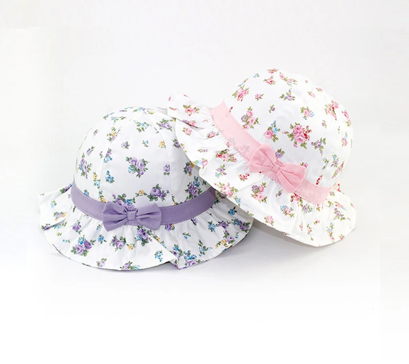 Flower Bow Baby Girls Hat Ruffles Floral Hat For Girls Cotton Lace Up Baby Fisher Hat Fashion Purple Pink Sun Caps Spring Summer (6)