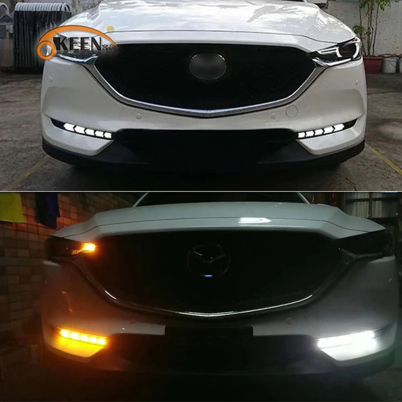 OKEEN светодиодный Габаритные огни для Mazada CX-5 CX-8 белого и синего цвета DRL течет желтый указатель поворота светильник светодиодный светильник тумана