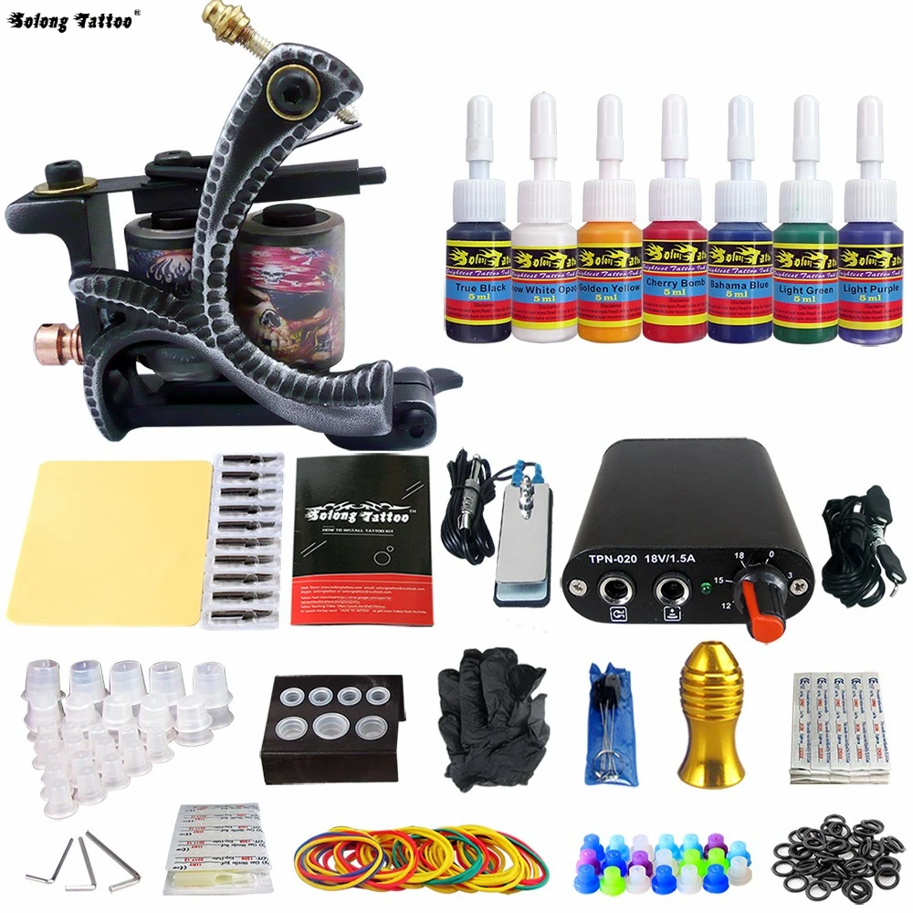 

Solong Tattoo New Beginner 1 Pro Machine Gun Tattoo Kit Power Supply Needle Grips tip 7 color ink set TK105-4