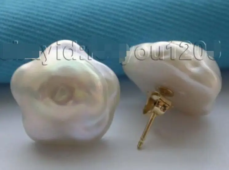 

genuine Natural 16mm White Reborn Keshi Flower Pearl Earrings studs 14KGP