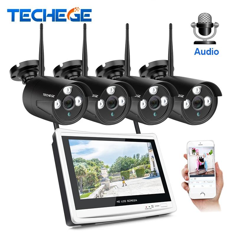 

Techege 960P Wireless Security Camera System 4CH WIFI NVR 12inch 4pcs 1.3MP HD Camera Outdoor Audio WIFI Surveillance Camera Kit