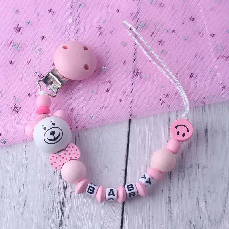 

New Bear Baby Pacifier Chain Infant Feeding Nipple Holder Chain Silicone Wood Soother Letter Anti Drop Newborn Nursing Clip Toy