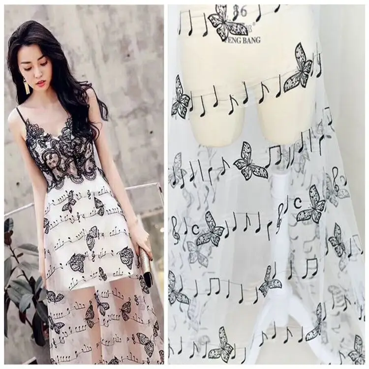 

High end performance diy Musical notes embroidery evening dress accessories butterfly lace fabric