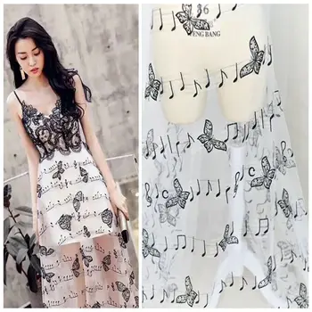 

High end performance diy Musical notes embroidery evening dress accessories butterfly lace fabric