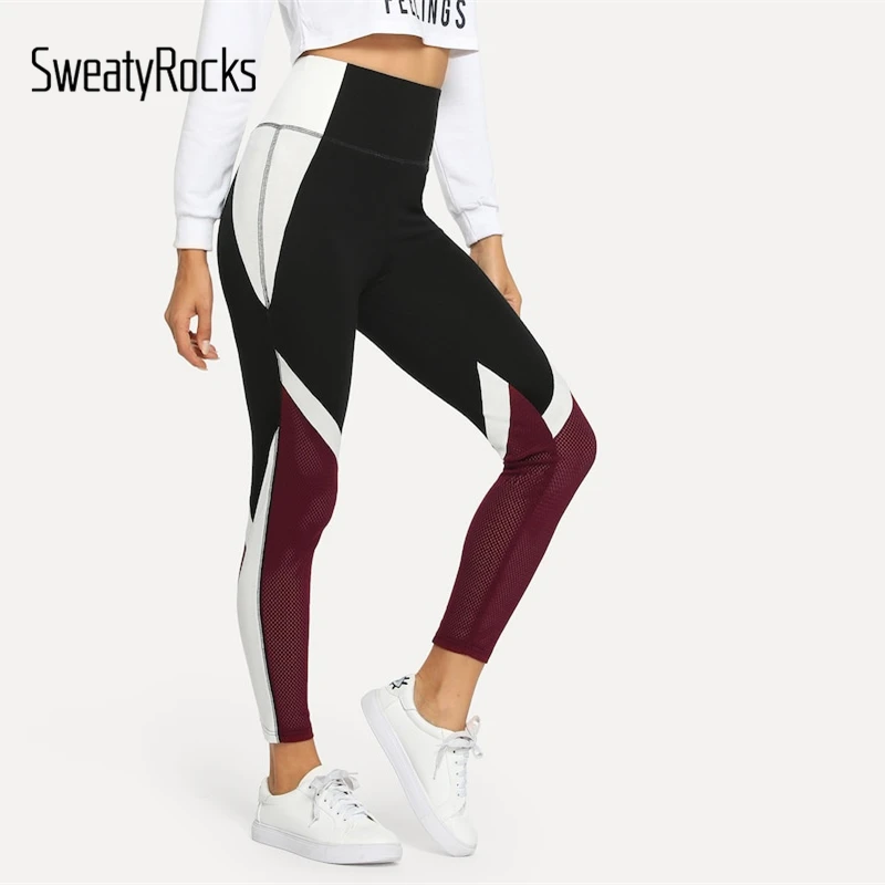 SweatyRocks сетчатые цветные леггинсы с высокой талией для тренировок облегающие Женские леггинсы весенняя одежда для активного отдыха эластичные леггинсы