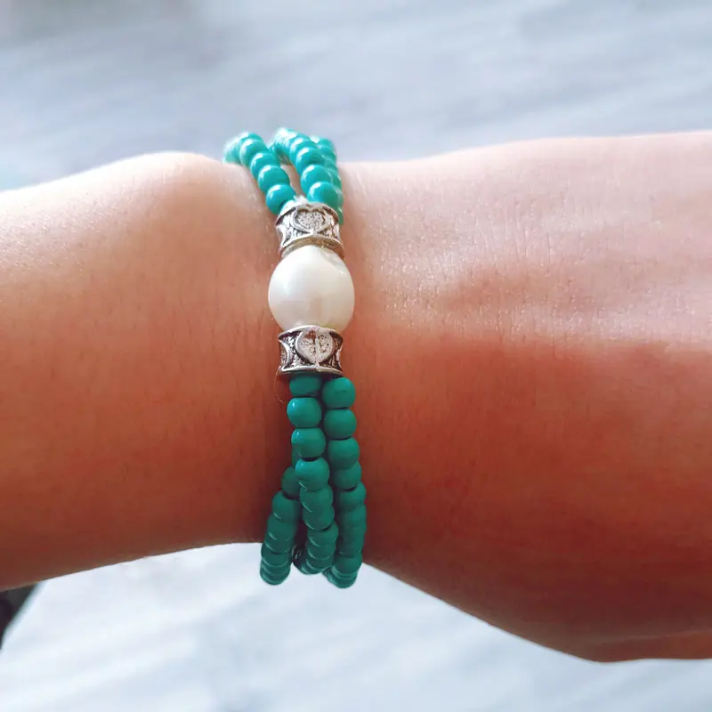 4 mm Turquoise with Baroque Pearls Bracelet, Vintage Style Elasticity Three Strand Bracelet