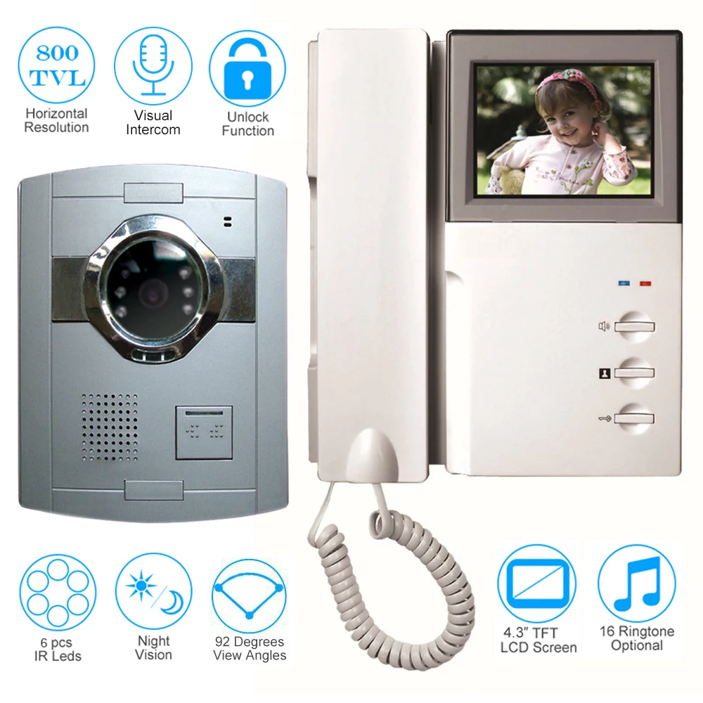 CUSAM 4.3" Wired Video Door Phone Doorbell Two way Audio