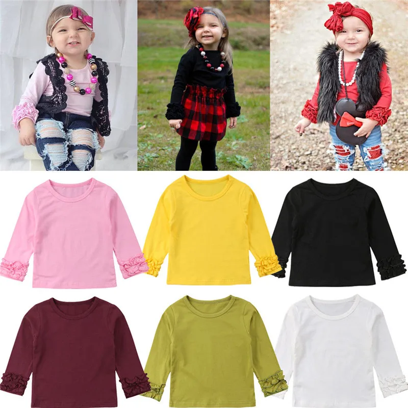 Детские футболки весенне-осенняя одежда для мальчиков и девочек хлопковые повседневные топы с длинными рукавами и оборками, детские спортивные майки ярких цветов верхняя одежда