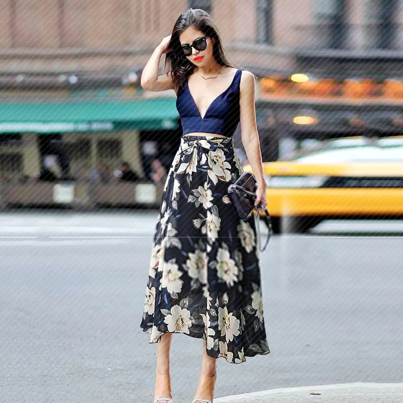 Асимметричная юбка частично из шифона с цветочным принтом Милая юбка Женская Повседневная дикая одежда