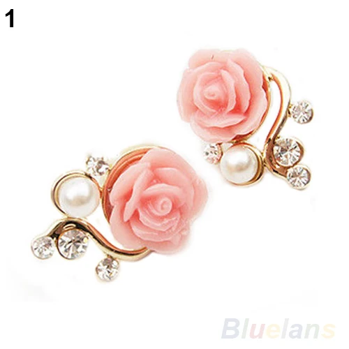 Korean Style OL Pink Rose Flower Shiny Crystal Rhinestone Pearl Stud Earrings 00UP | Украшения и аксессуары