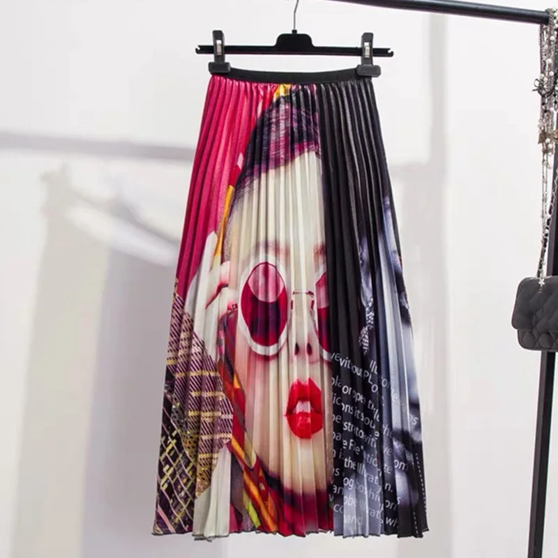 High Waist Pleated Character Print Women s Skirt Long Patchwork Pattern High Street Skirts 2019 Summer Fashion Clothes Female