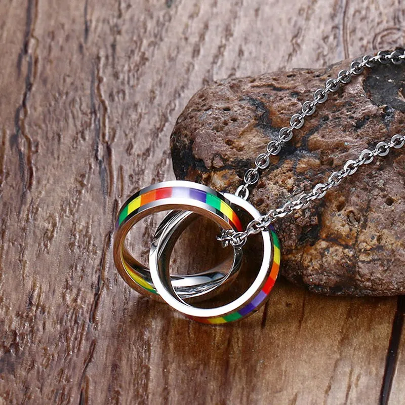 Радуга двойной круг женские ожерелья кулон ЛГБТ женские ювелирные изделия 2" цепь