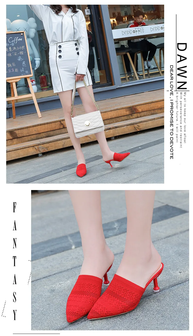 Candy-colored slippers summer new pointed Knit with high heels slippers Female sandals Sandalias femenina Women Shoes