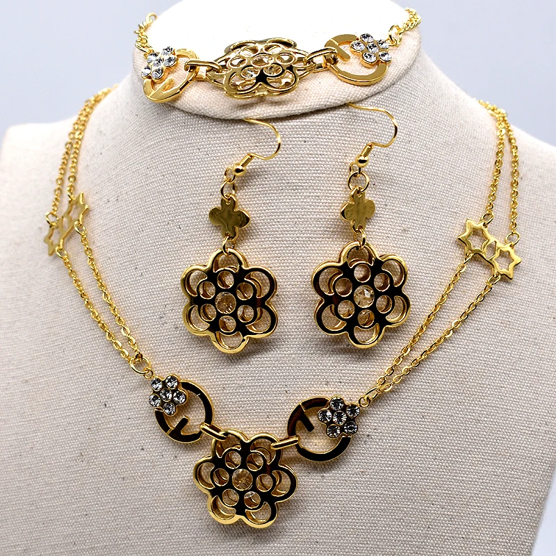 

AMUMIU Fashion jewelry sets for women Flower Star Stainless Steel Necklace Earrings Pair Bracelet Set KTZ036