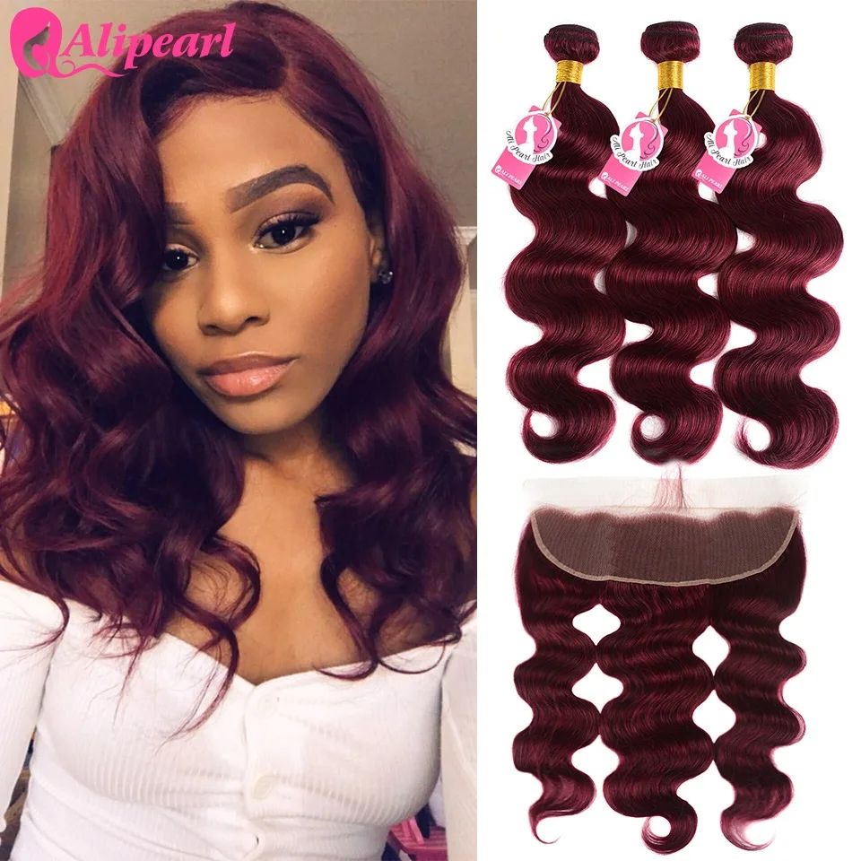

99j Bundles With Frontal Closure Brazilian Hair Weave Bundles Burgundy Body Wave 3 Bundles With Frontal Remy AliPearl Hair