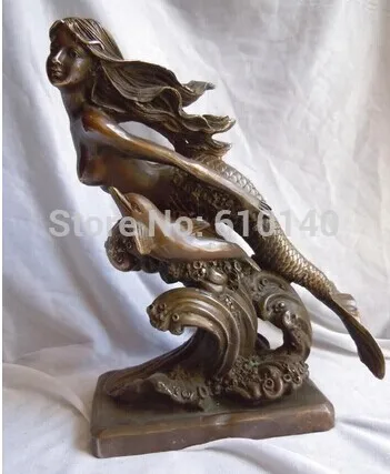 

11" Chinese brass carved dolphin mermaid Statues