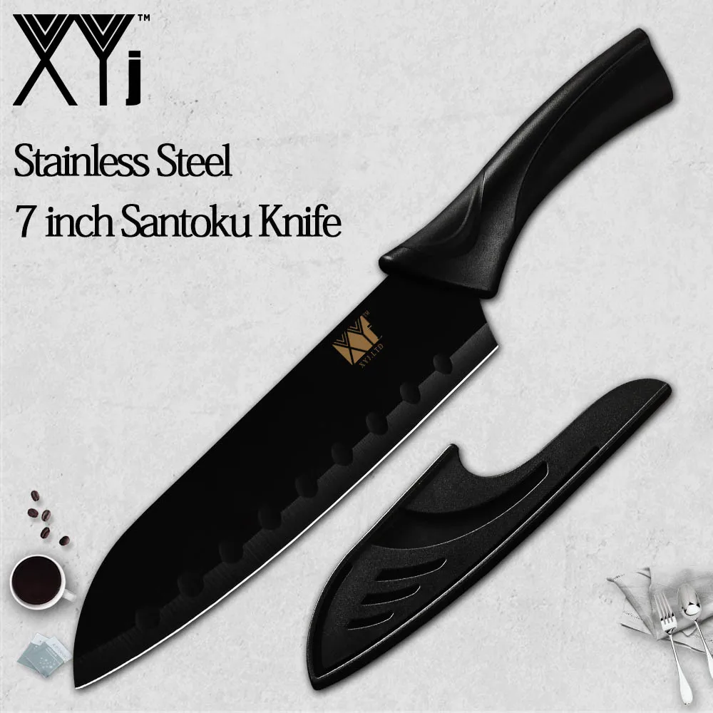 XYj кухонный нож из нержавеющей стали 7Cr17, красочное острое лезвие, удобная ручка, инструмент для приготовления пищи, точилка, держатель для ножей - Цвет: F.santoku knife