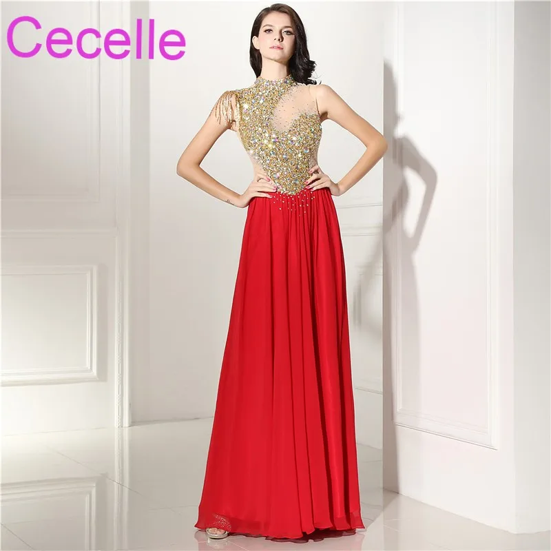 Red Gold Long Prom Dresses 2019 Fully Beaded Top Sexy