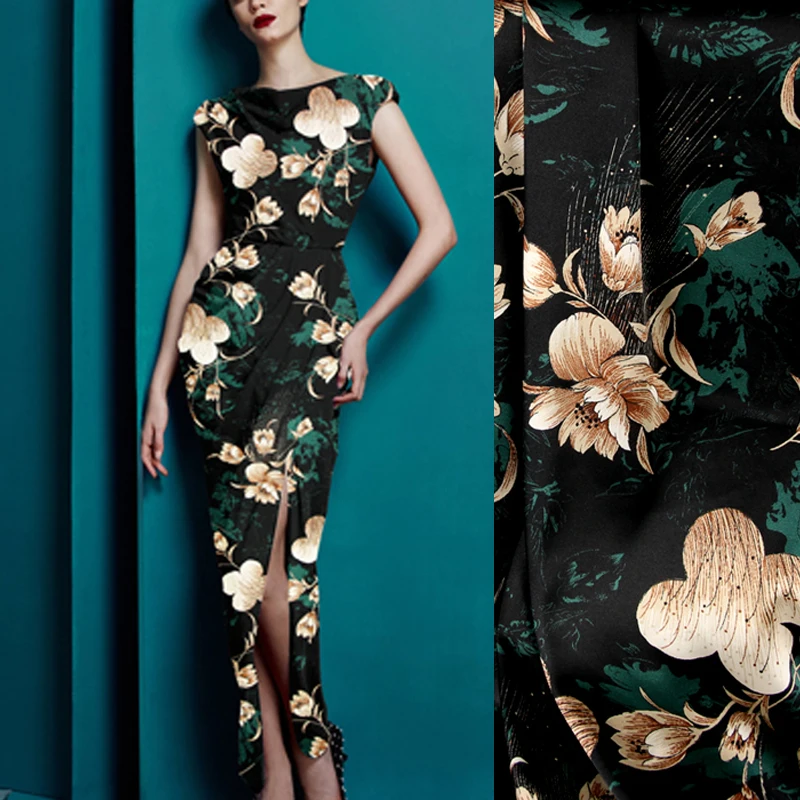 

118CM Wide 19MM 93% Silk & 7% Spandex Floral Print Stretch Black Green Silk Satin Fabric for Summer Dress Shirt Cheongsam D1063