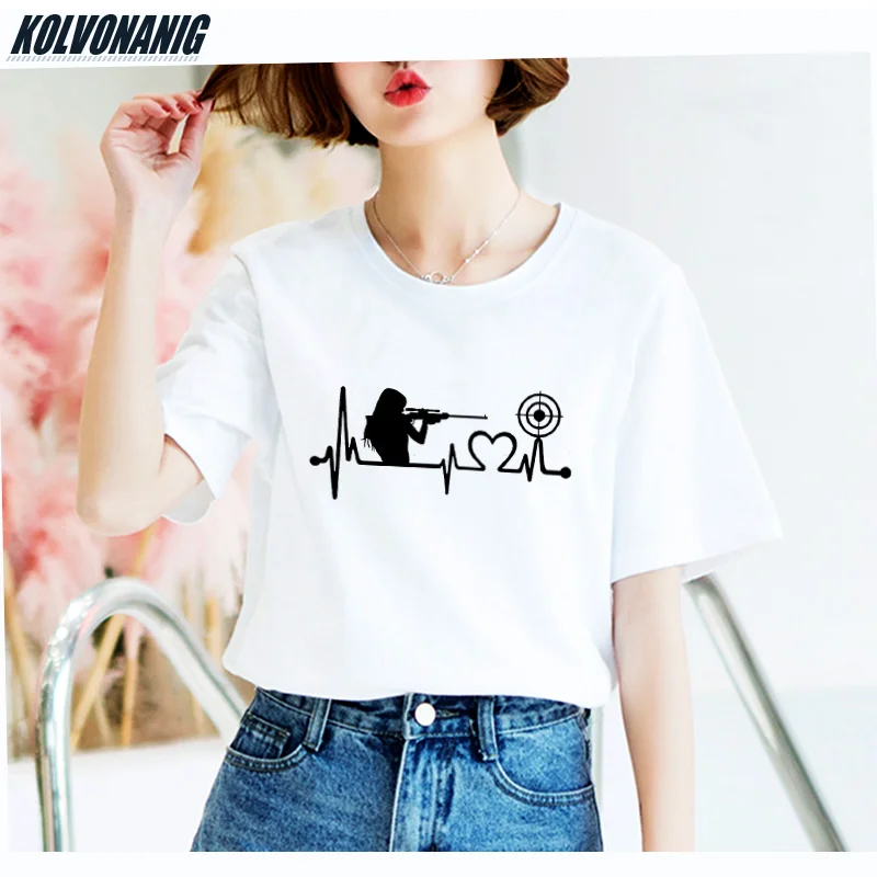

KOLVONANIG 2019 Summer New Interesting Gun Girl Heartbeat Love Target-Shooting Print T Shirt Women Cotton Big Size T-shirts Tops
