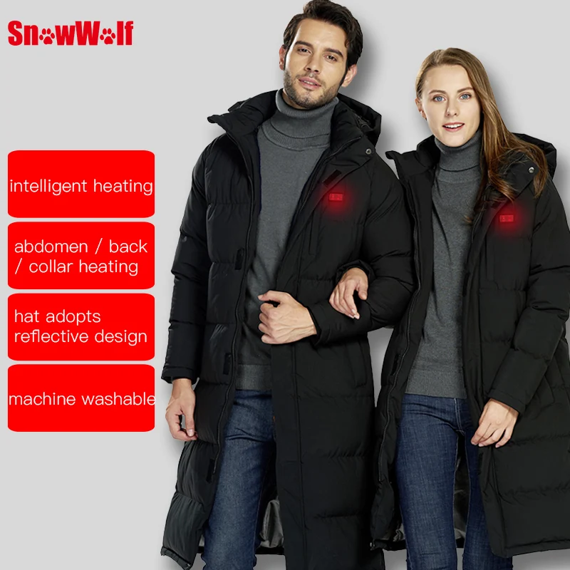 SNOWWOLF 2019 الرجال النساء USB ساخنة سترة الشتاء في الهواء الطلق عشاق طويلة مقنعين التدفئة معطف الكهربائية الحرارية الملابس للمشي
