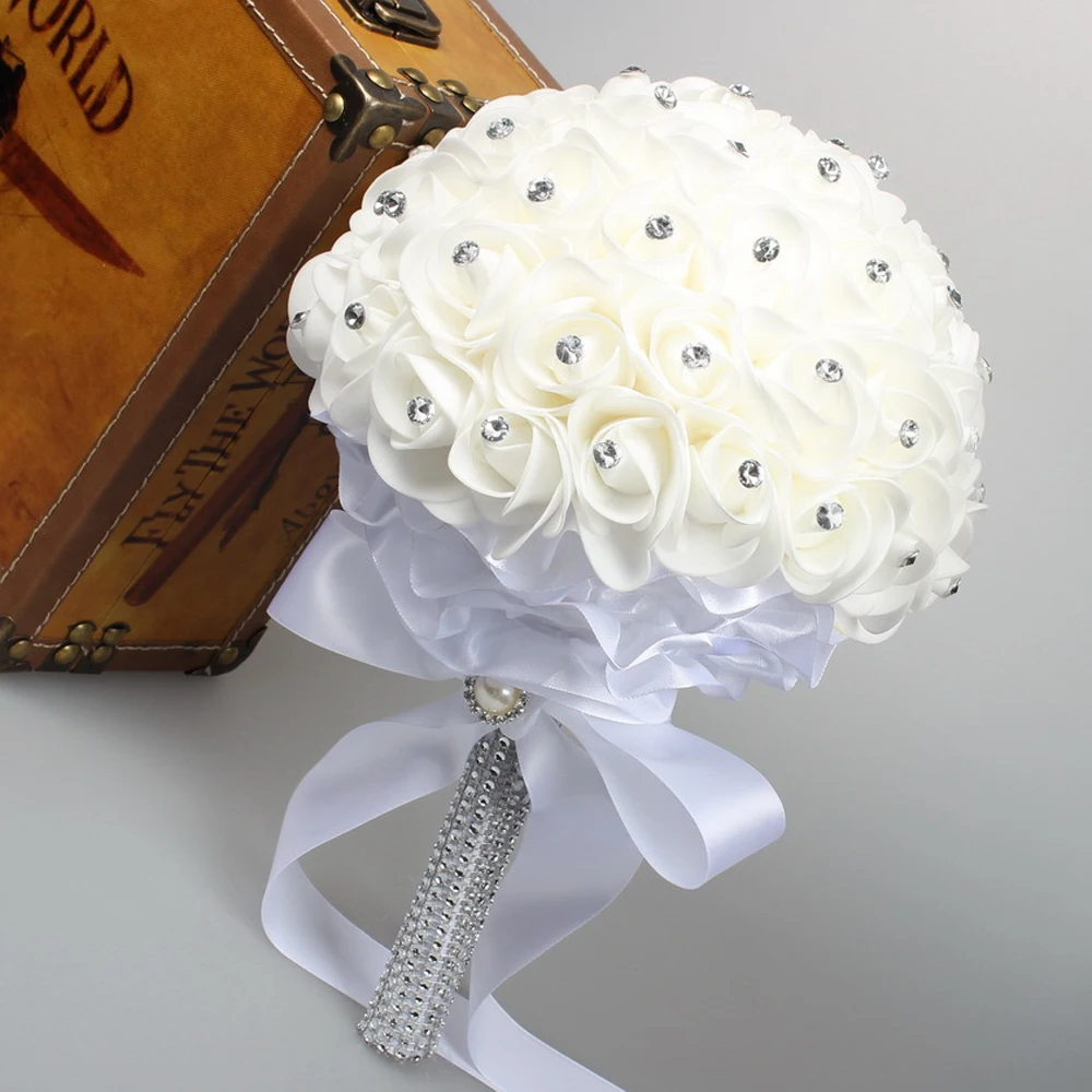 Elegant White Ivory Bridesmaid Bouquet Artificial Flower Rose Bouquet Crystal Bridal Wedding