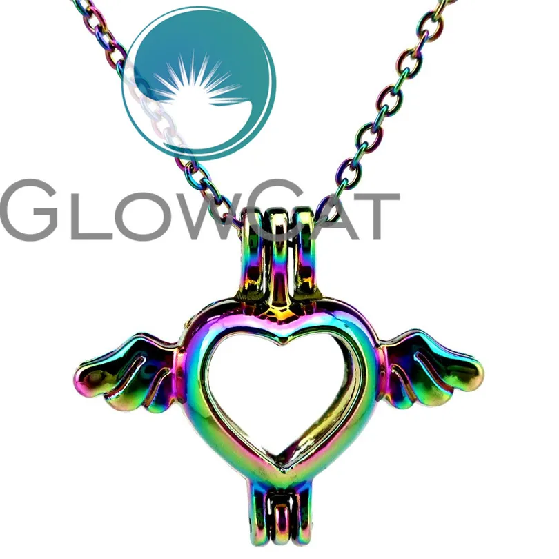 

CC59 Rainbow Color Angel Wings Beads Cage Pendant Perfume Essential Oil Diffuser Aroma Pearl Cage Locket Necklace