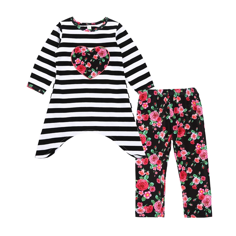 Flower Girl Clothing Sets Autumn Floral Heart Stripe Dress+Pants Toddler Girls Clothes Outfits