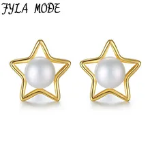 Fyla Mode Gold Color Star Earring Pearl Pendant 925 Sterling Silver Needle Jewelry Elegant Women Stud