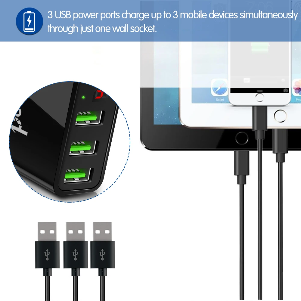 Универсальное настенное зарядное устройство Powstro 5 В 3 А, 3 USB, зарядное устройство для мобильного телефона, дорожный адаптер, дисплей, зарядное напряжение, ток для телефона, планшета