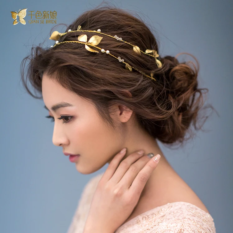 Gorgeous Gold color leaf headband pearl jewelry crystal 