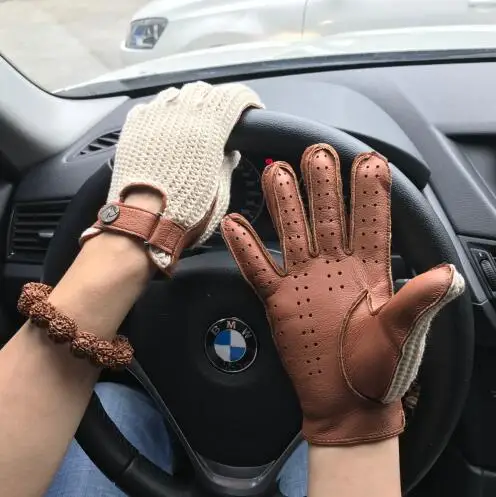 Mens Goatskin Leather Gloves Back Knitted Gloves Lambskin NEW Unlined Non-Slip Motorcycle Driving Gloves Male Leather Mittens 