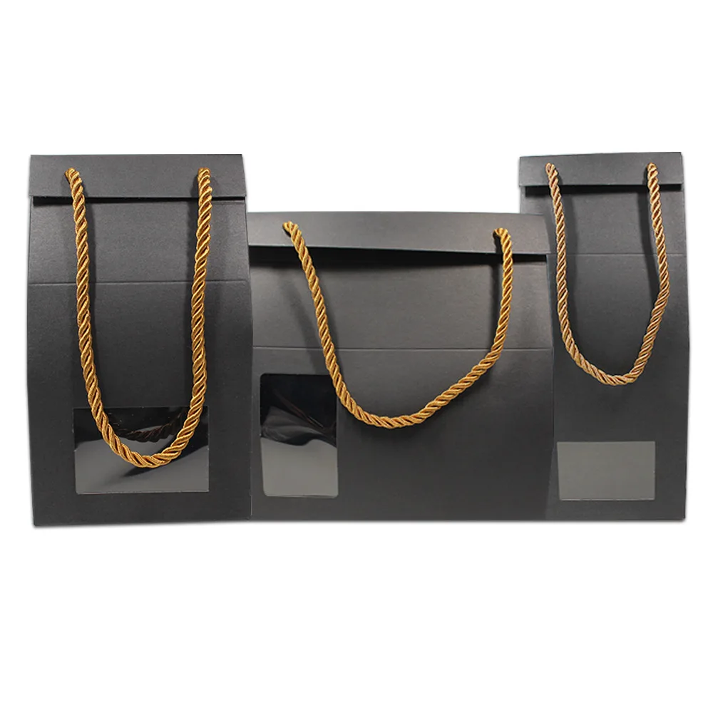 

10Pcs/lot Black Carton Paper Packaging Box with Window Handmade Crafts Food Retails Kraft Paper Packing Box with Hand Rope
