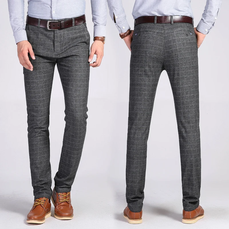 Spring Autumn Plaid Casual Trousers Men Cotton Slim Fit