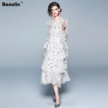

2018 Spring Summer Runway Designer Women's Long Sleeve Stars Printing V-neck Collar Multi-layer Cake Dress Chic Long Maxi Dress